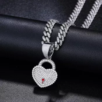 Moissanite Heart Lock Necklace in 925 Silver (Unisex)
