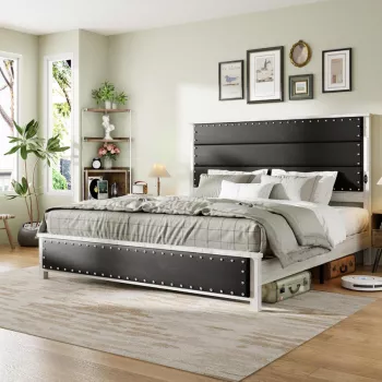 Queen Bed Frame: Upholstered Headboard, Drawers & LEDs