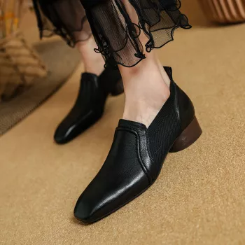Square Toe Leather Slip-On Mid Heels for Workdays